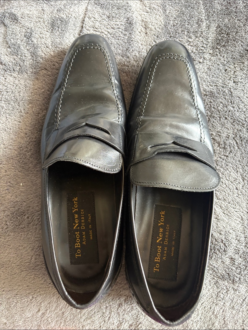 To Boot Black Leather Penny Loafers with Apron Stitch